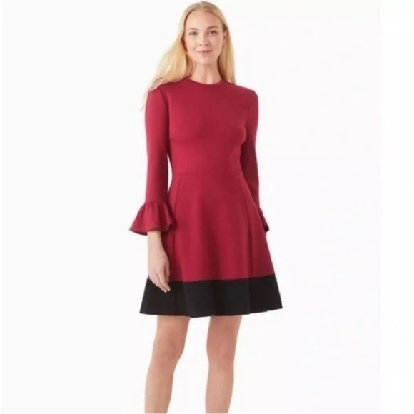 KATE SPADE | Colorblock Bell Sleeve Ponte Dress Maroon Dress - Picture 1 of 7